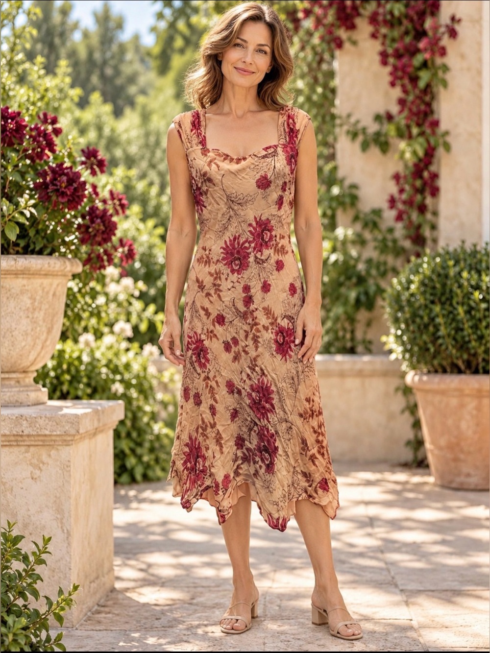 David Warren Floral silk Cream and Burgundy midi dress size 6 P